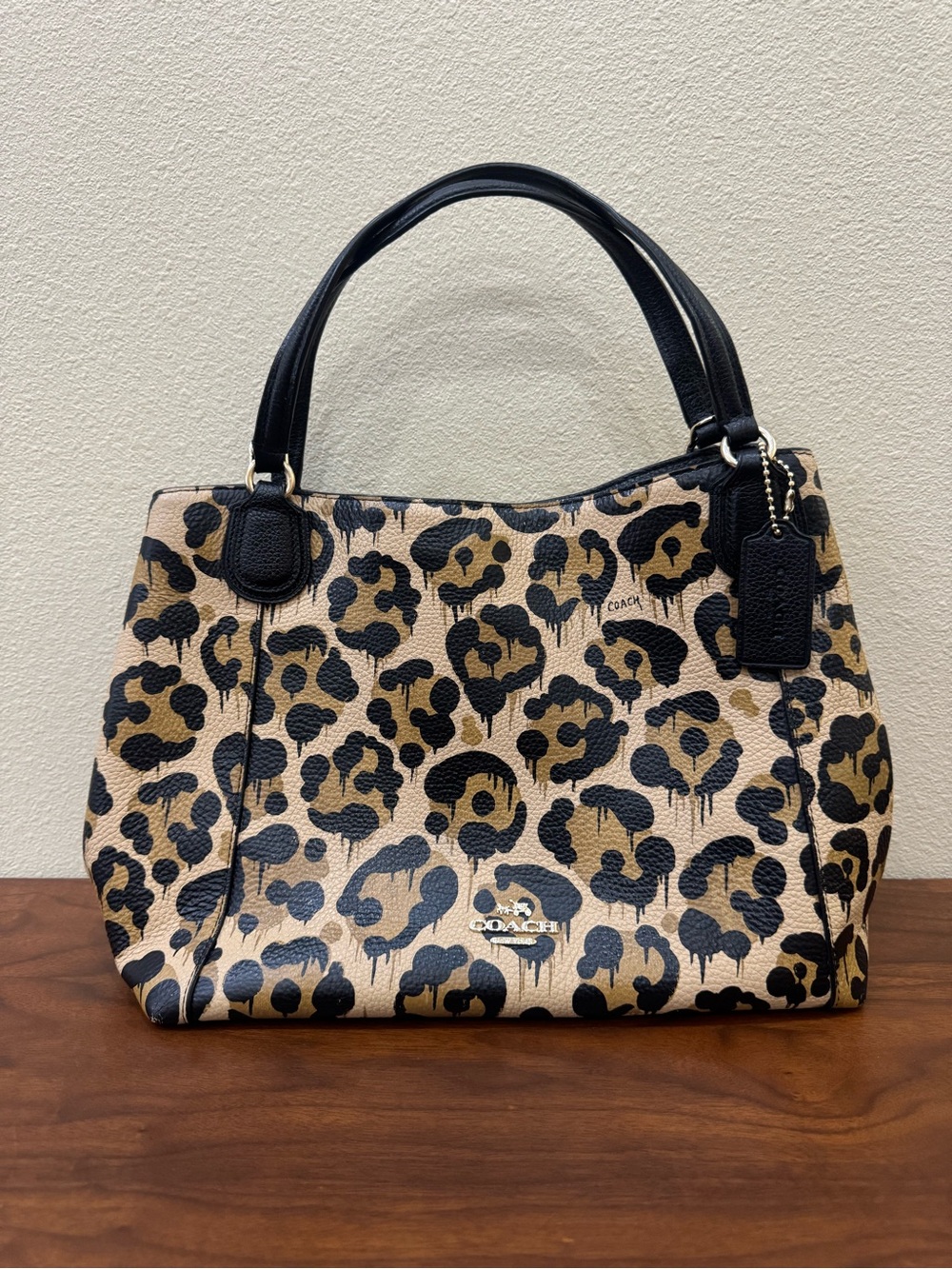 Coach Edie Wild Beast Leopard-Print Shoulder Tote Tan and Black Pebbled Leather